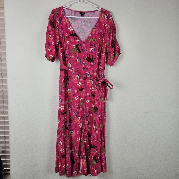Torrid Midi Rayon Slub Button Front Tie Dress Size 2X Leopard Jungle Floral - Picture 5 of 15